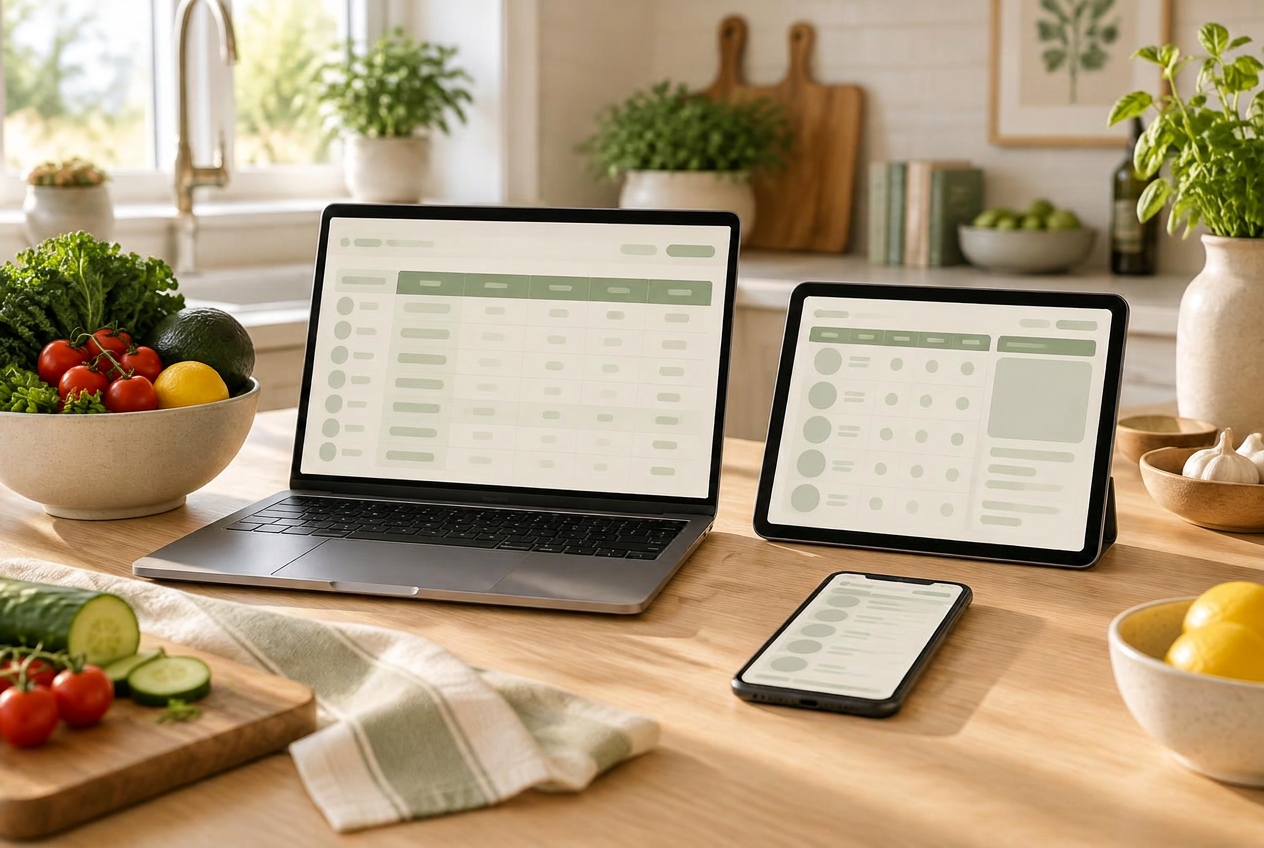 Longevity Food OS on a laptop, tablet and phone in a bright kitchen